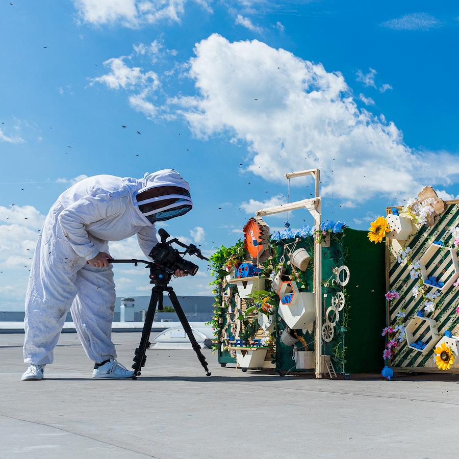 Videomaker filmt bijenkasten voor een bedrijfsfilm over biodiversiteit tijdens een videoproductie